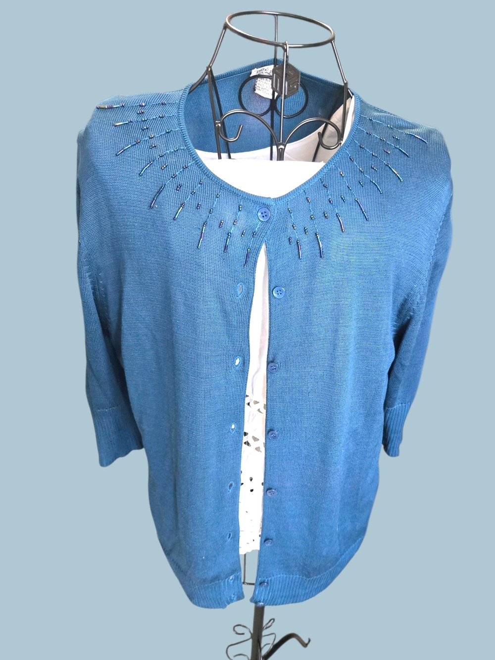 Blue Beaded Neckline Women’s Cardigan Sweater